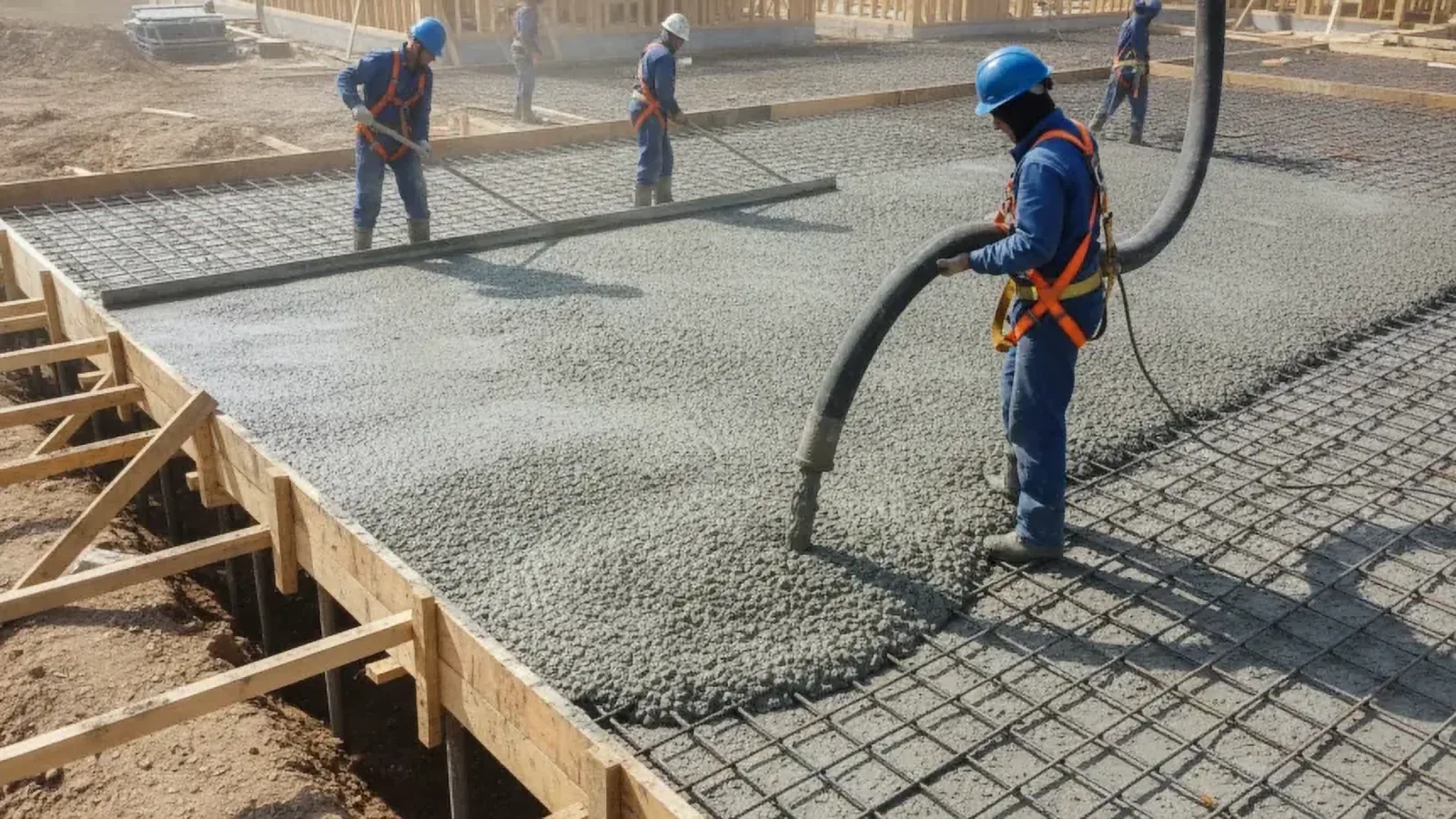Equipe lançando concreto bombeado sobre fôrma armada